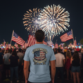 250 Years of Freedom Americana tee lifestyle shot in stone blue — Southern Stoner patriotic shirt
