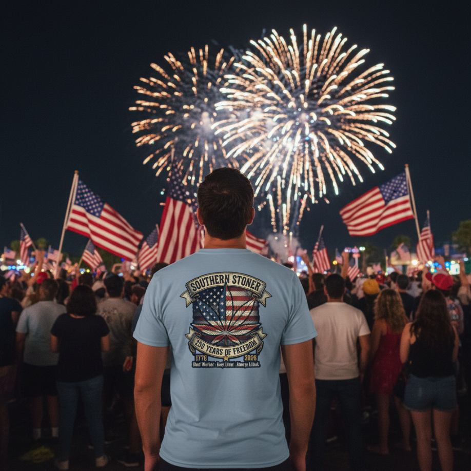 250 Years of Freedom Americana tee lifestyle shot in stone blue — Southern Stoner patriotic shirt