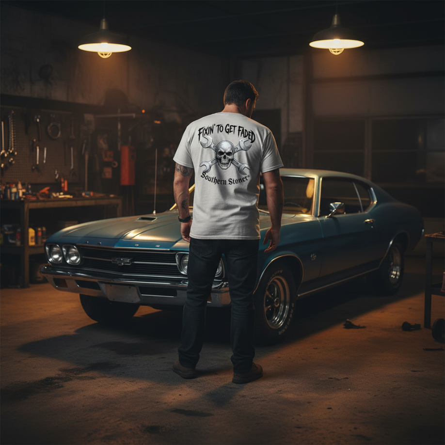 Man wearing Ice Grey Fixin’ to Get Faded Skull & Wrench Tee in a garage, back view