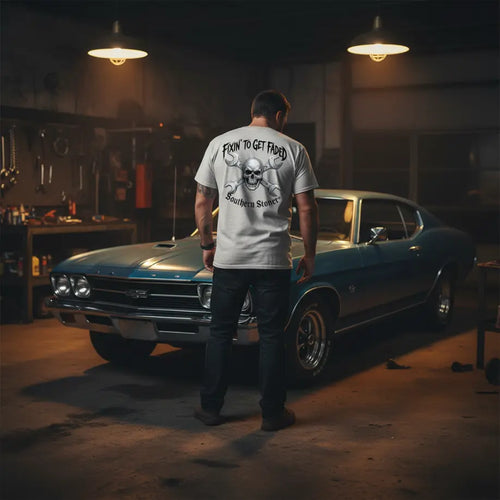 Fixin to Get Faded skull and wrench tee lifestyle shot in ice gray — Southern Stoner lifted lifestyle shirt
