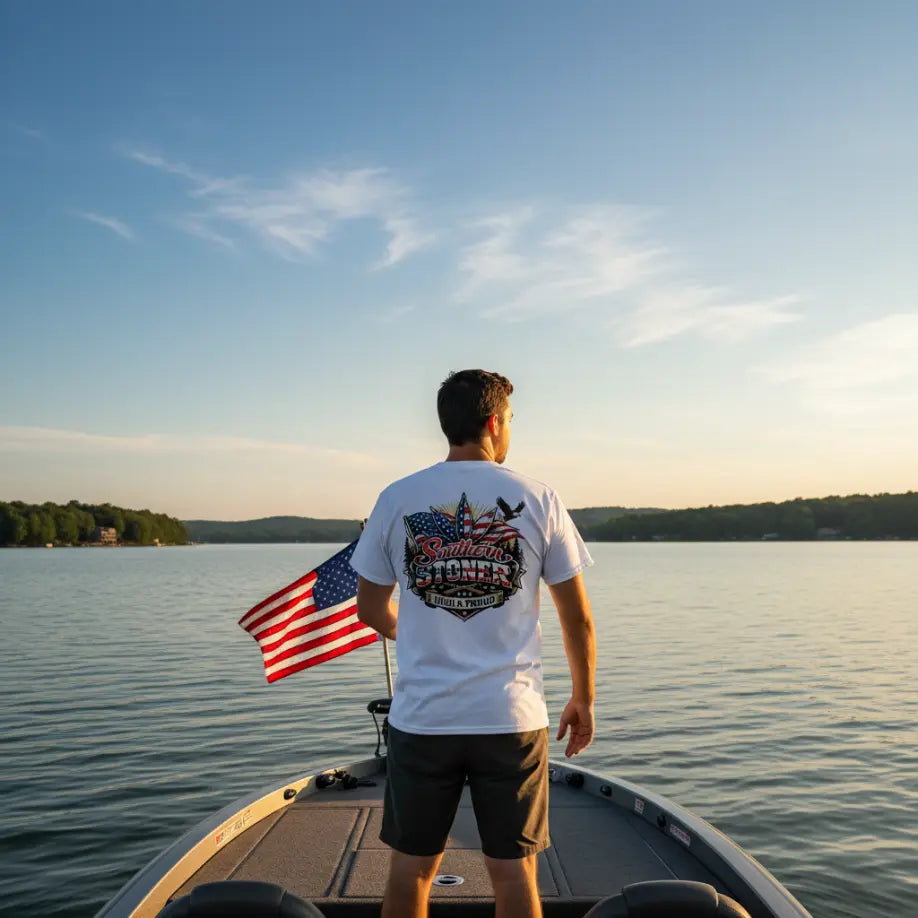 High and Proud Americana tee lifestyle shot in white — Southern Stoner patriotic lifted lifestyle shirt