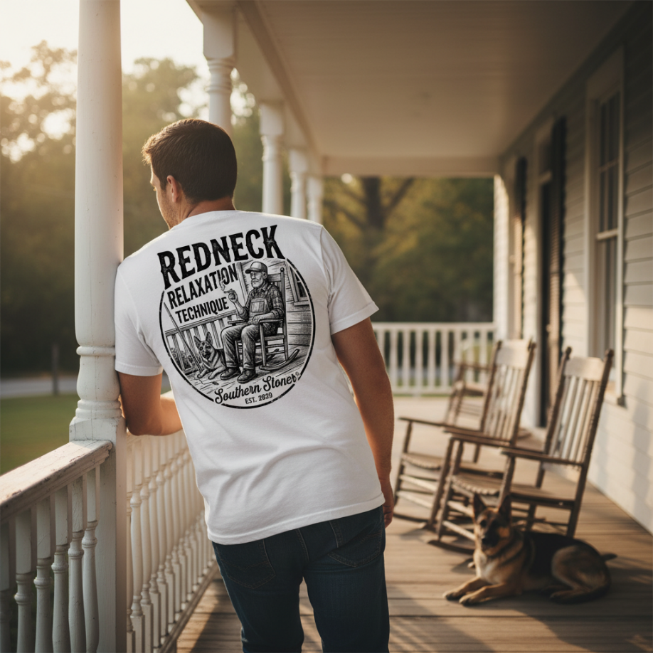 Redneck Relaxation Technique tee lifestyle shot in white — Southern Stoner funny Southern shirt