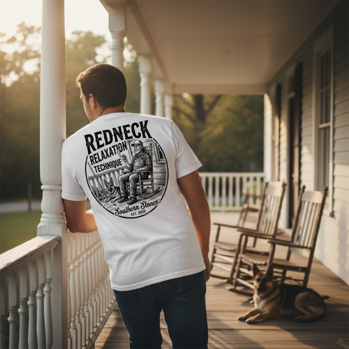Man wearing white Redneck Relaxation Rocking Chair Tee on a porch with a German Shepherd, back view