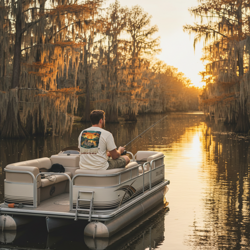 Man wearing Off White Reel Chill River Tee while fishing from a pontoon boat, back view