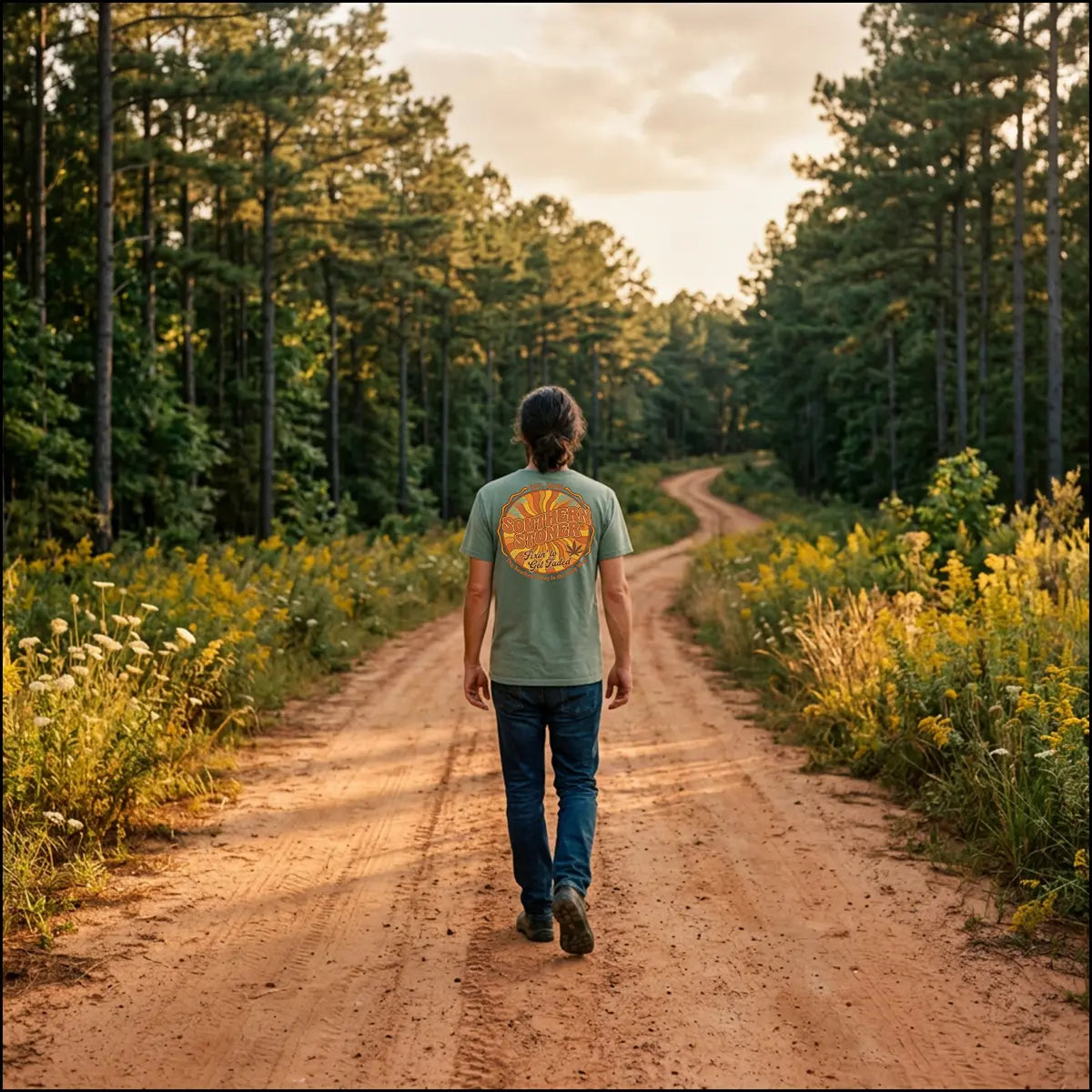 Woman wearing sage Fixin’ to Get Faded Retro Sun Tee, back view