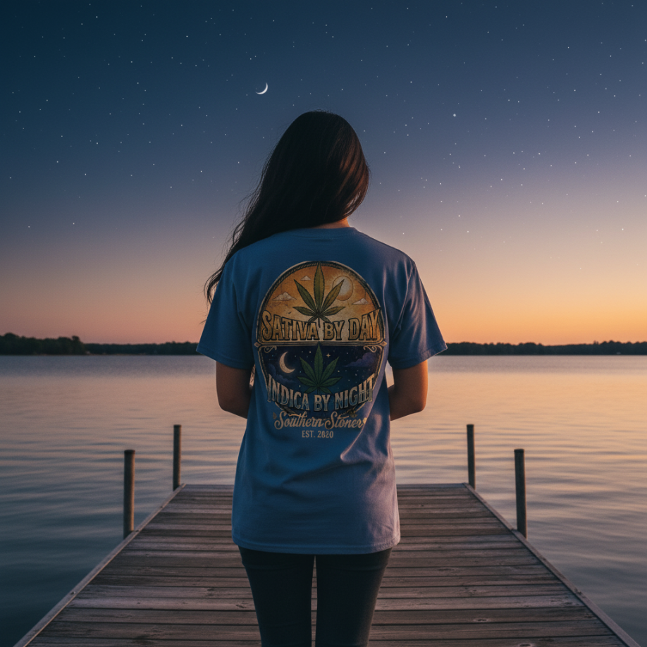 Woman wearing Indigo Blue Sativa by Day, Indica by Night Tee on a dock at dusk, back view