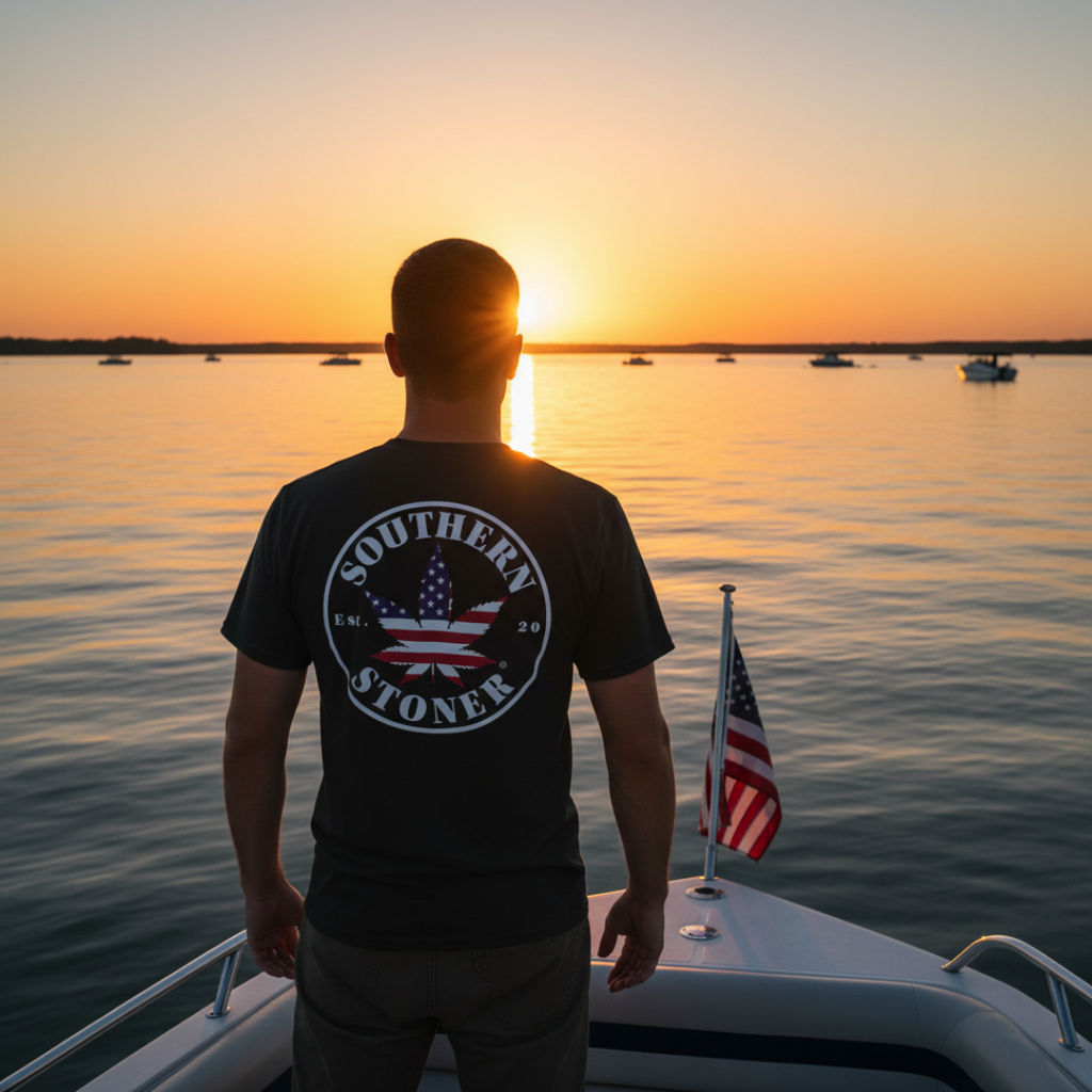 Person wearing a 'Southern Stoner' t-shirt on a boat at sunset