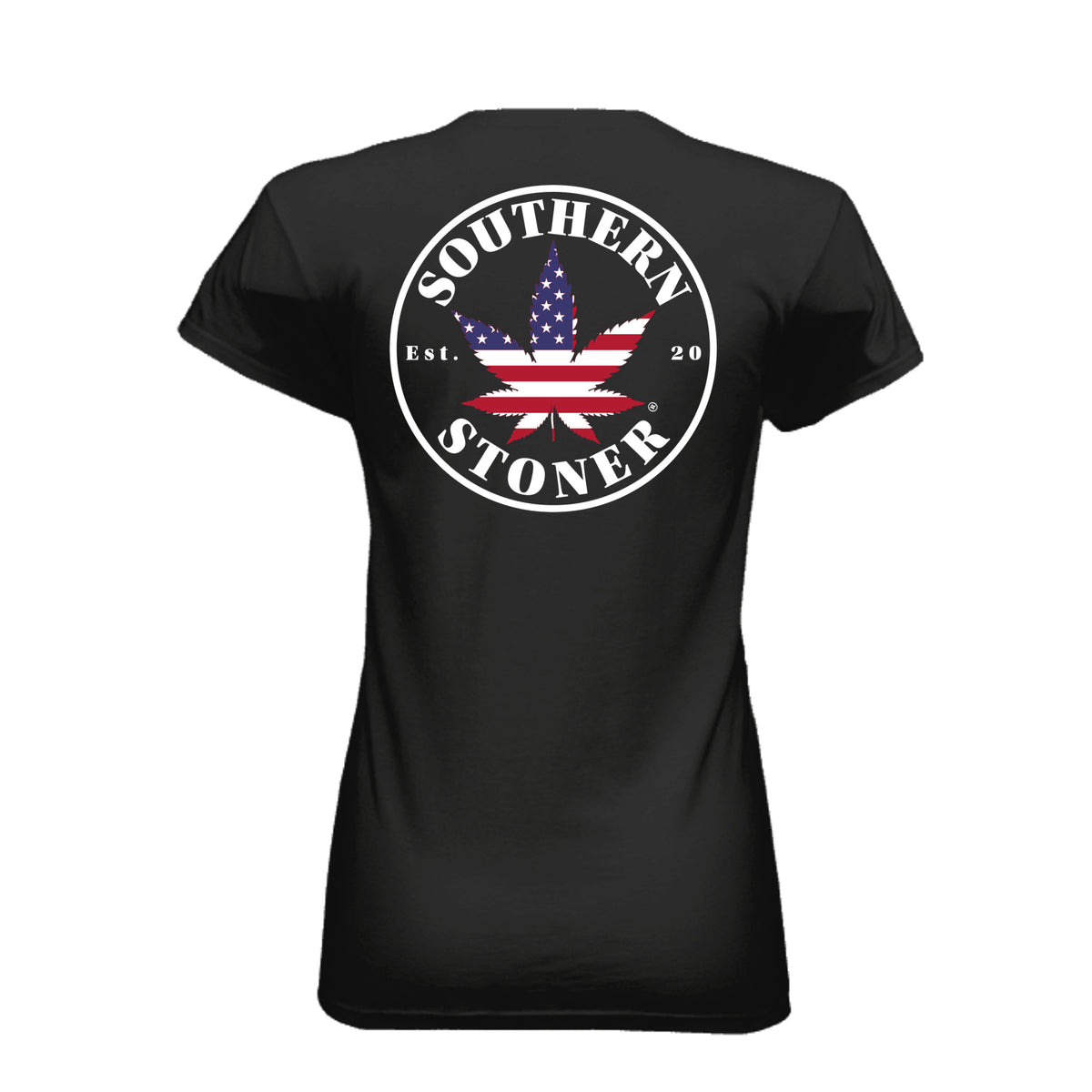 Back view of black Southern Stoner® OG Women’s Tee with large round emblem