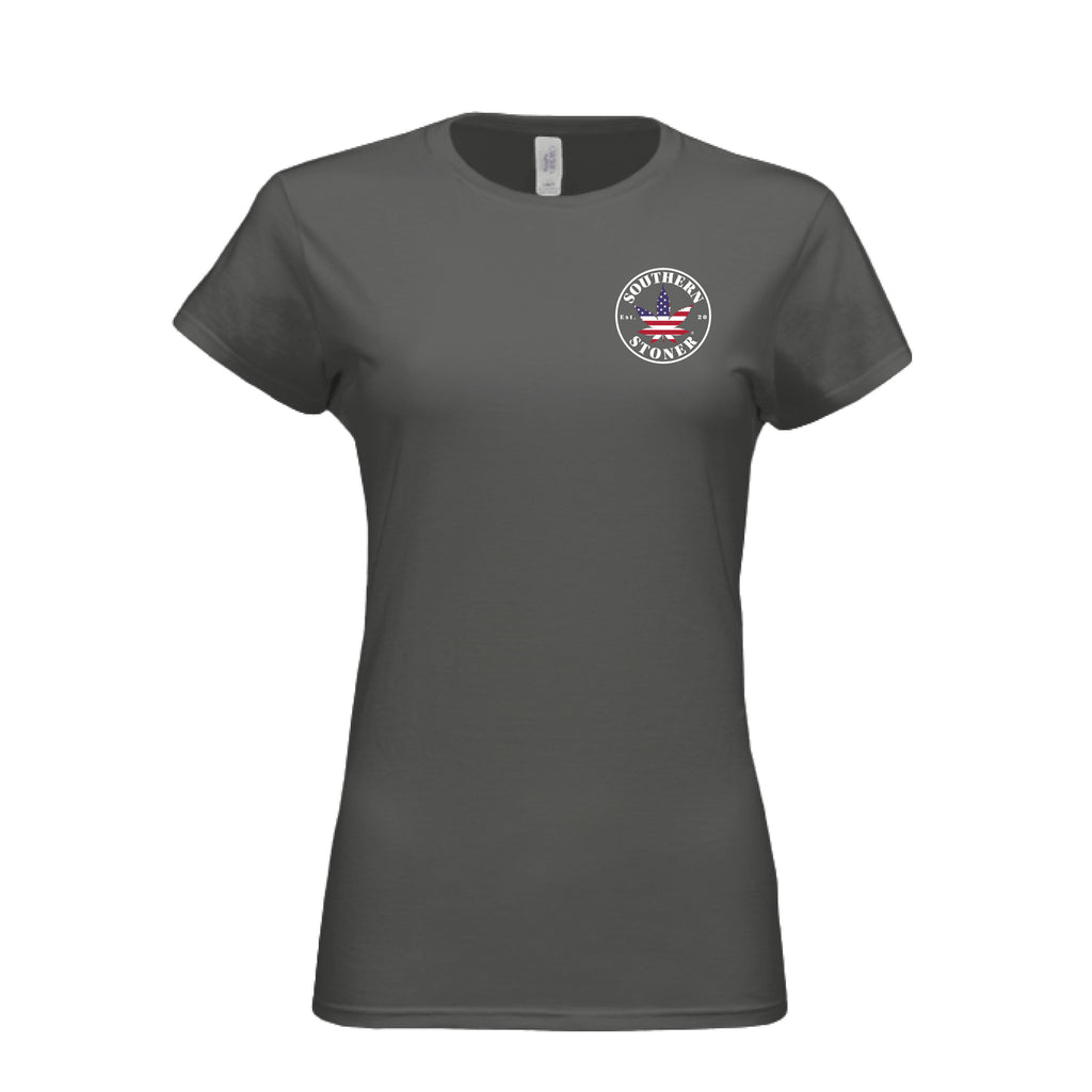 Southern Stoner OG logo womens tee front in charcoal — womens Southern apparel