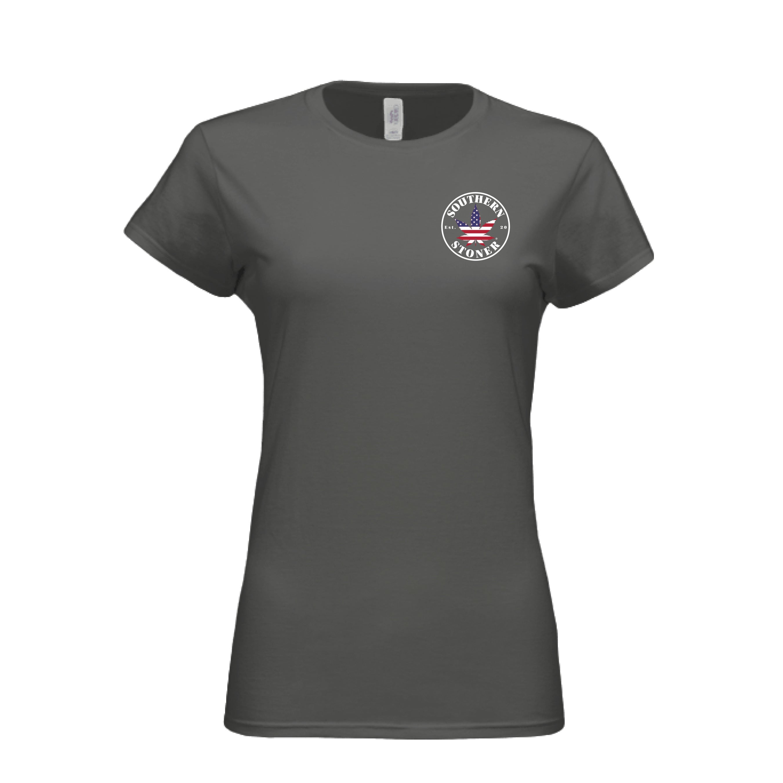 Southern Stoner OG logo womens tee front in charcoal — womens Southern apparel