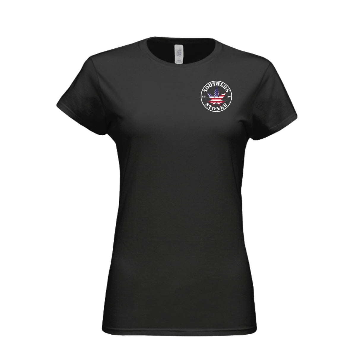 Front view of black Southern Stoner® OG Women’s Tee with small chest emblem