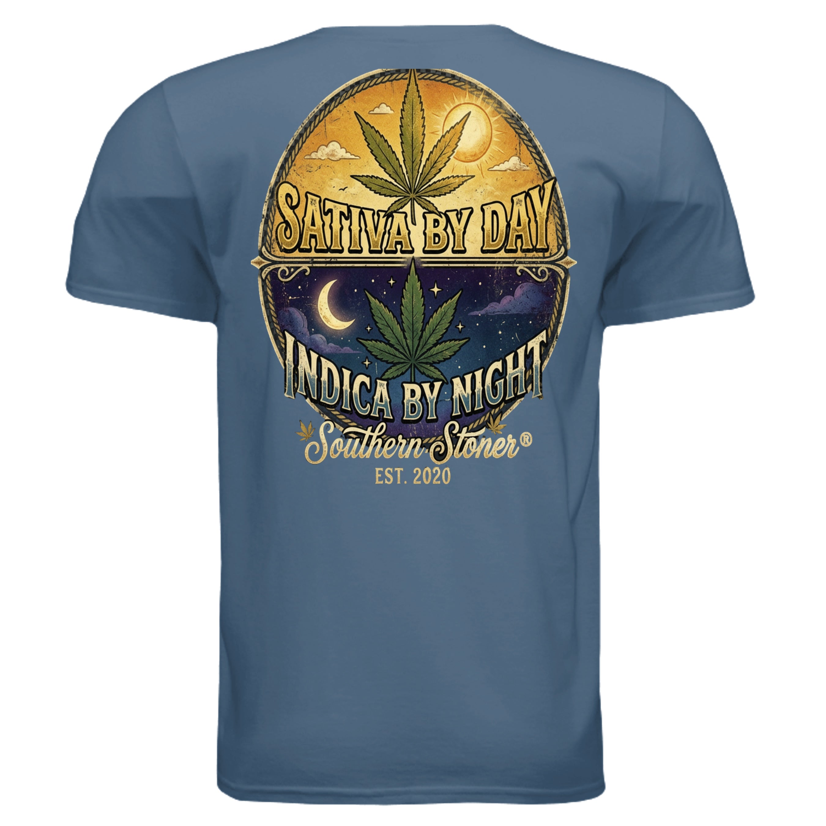 Sativa by Day Indica by Night back graphic on indigo blue tee — Southern Stoner lifted lifestyle apparel