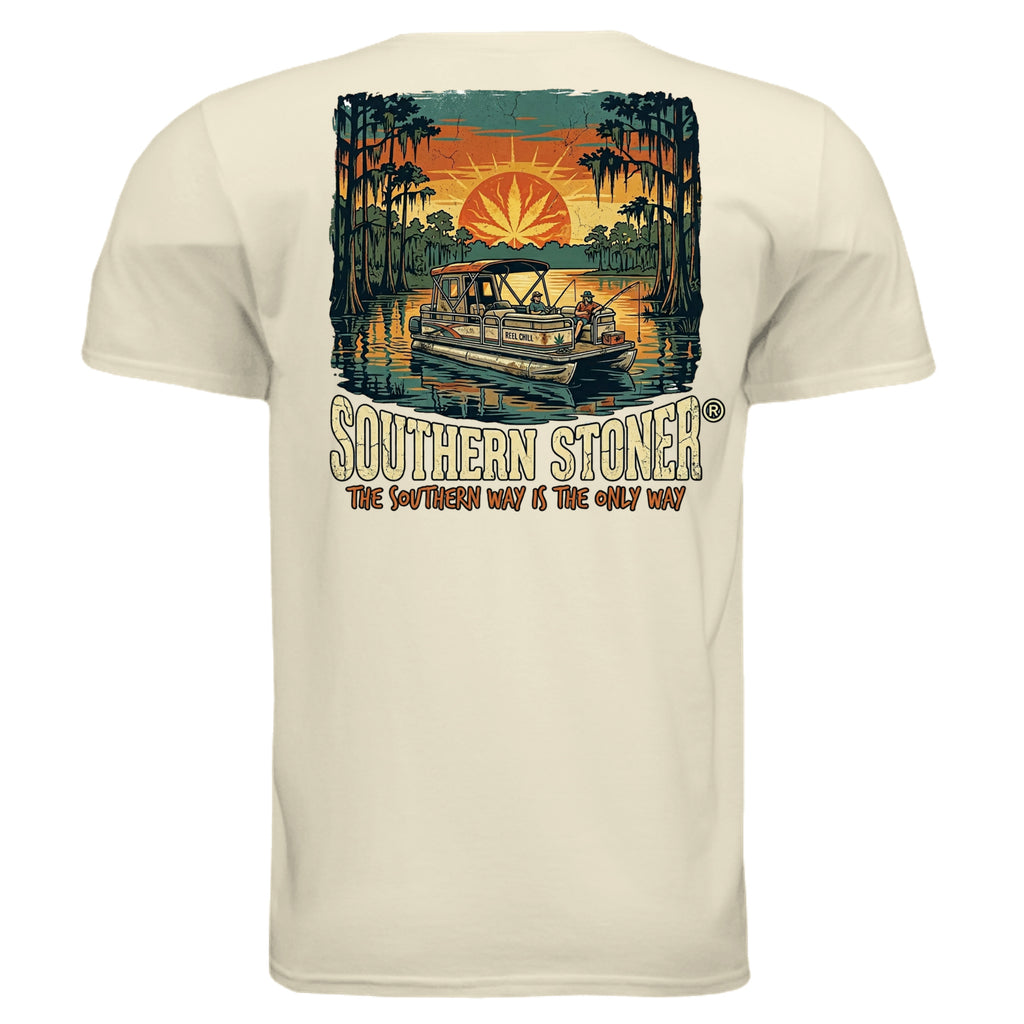 Reel Chill pontoon boat back graphic on off white tee — Southern Stoner lake day fishing shirt