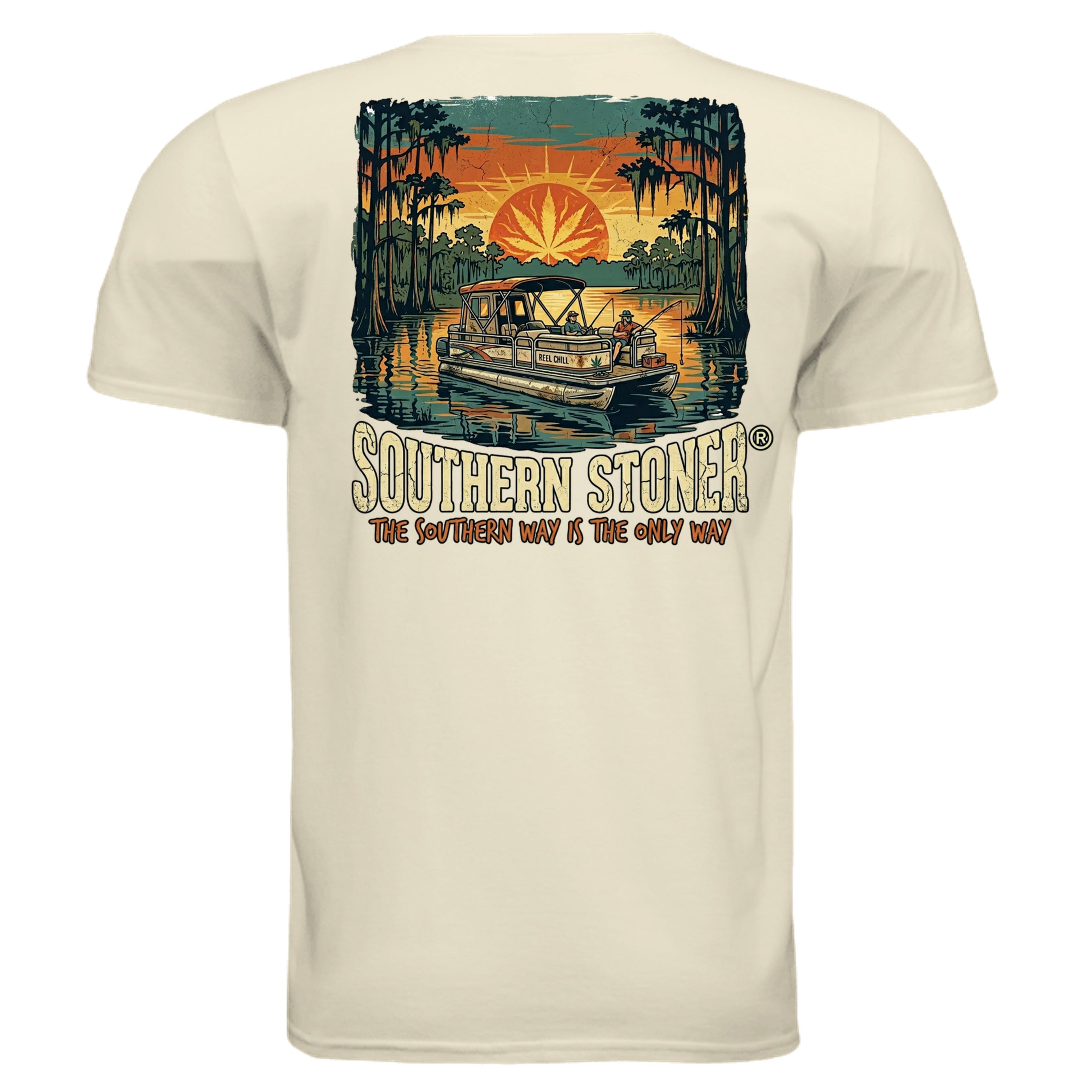 Reel Chill pontoon boat back graphic on off white tee — Southern Stoner lake day fishing shirt