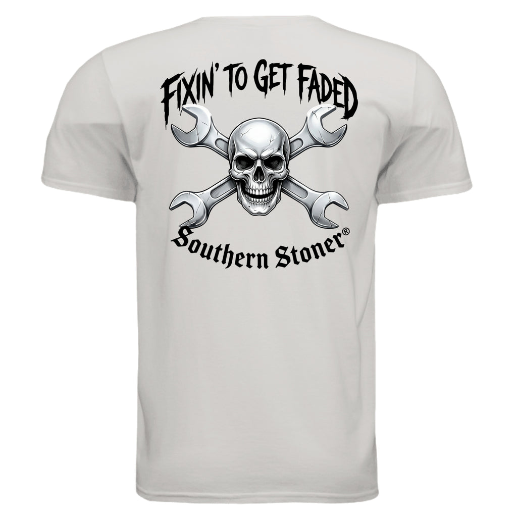 Fixin to Get Faded skull and wrench back graphic on ice gray tee — Southern Stoner fixin to get faded shirt