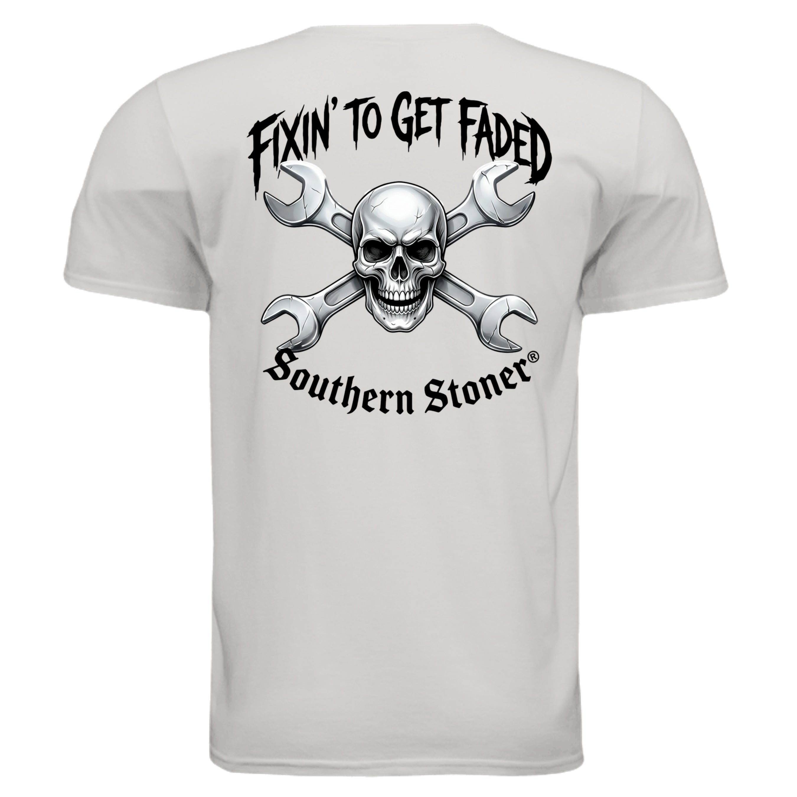 Fixin to Get Faded skull and wrench back graphic on ice gray tee — Southern Stoner fixin to get faded shirt