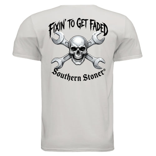 Fixin to Get Faded skull and wrench back graphic on ice gray tee — Southern Stoner fixin to get faded shirt
