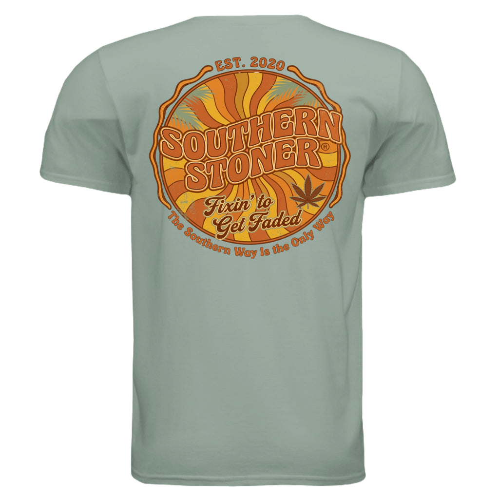 Fixin to Get Faded retro sunburst back graphic on sage tee — Southern Stoner fixin to get faded shirt