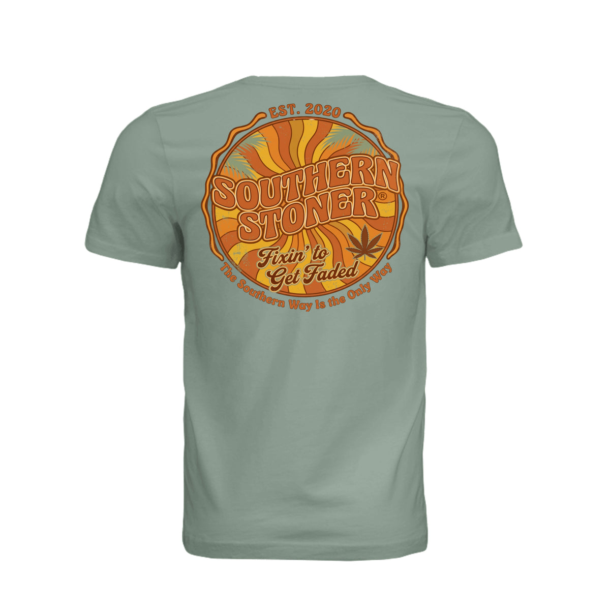 Back product view of sage Fixin’ to Get Faded Retro Sun Tee with orange-and-gold artwork