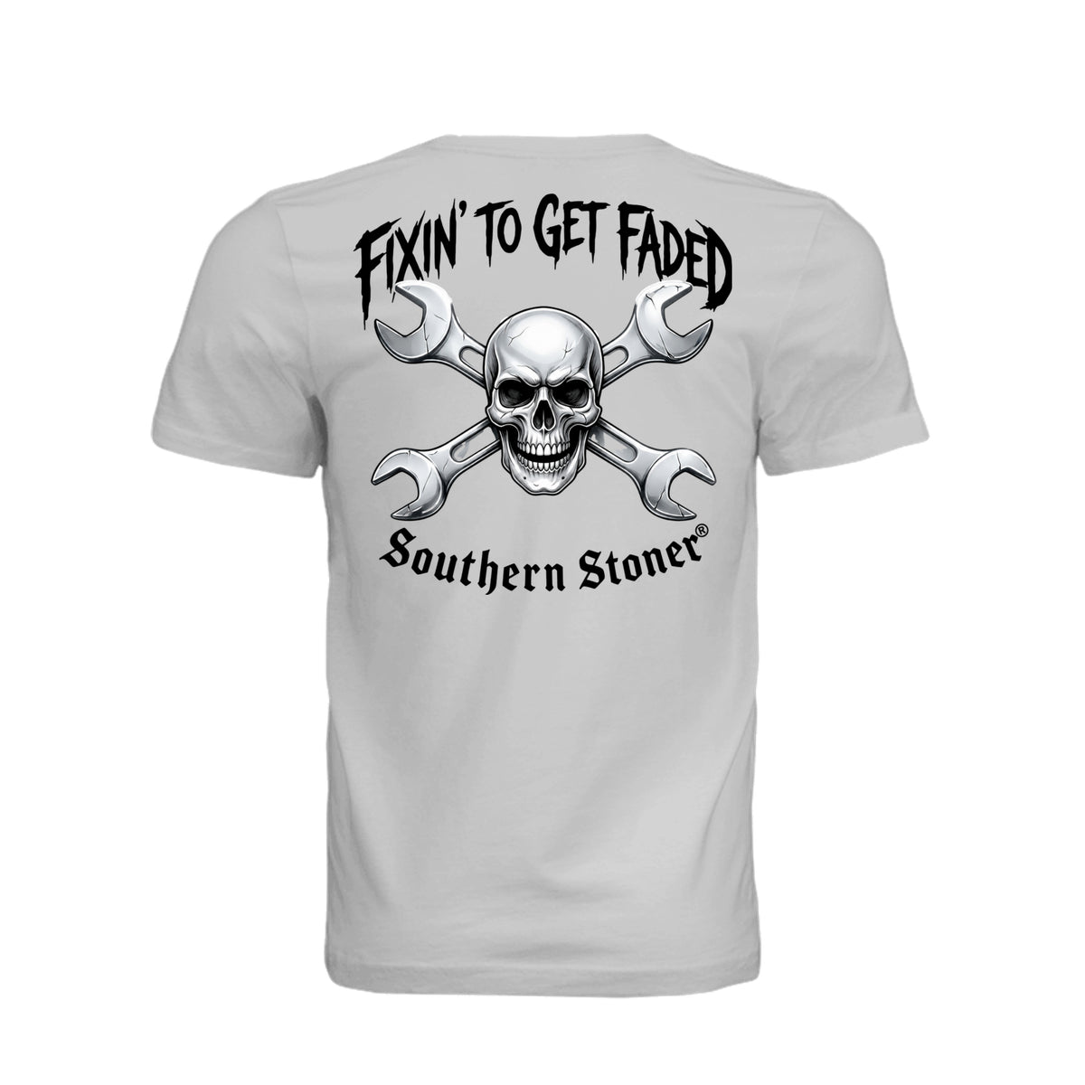 Back view of silver Fixin’ to Get Faded Skull & Wrench Tee with skull and crossed-wrench artwork