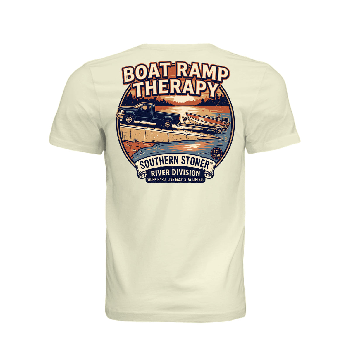 Back view of natural Boat Ramp Therapy Graphic Tee with Southern Stoner® artwork