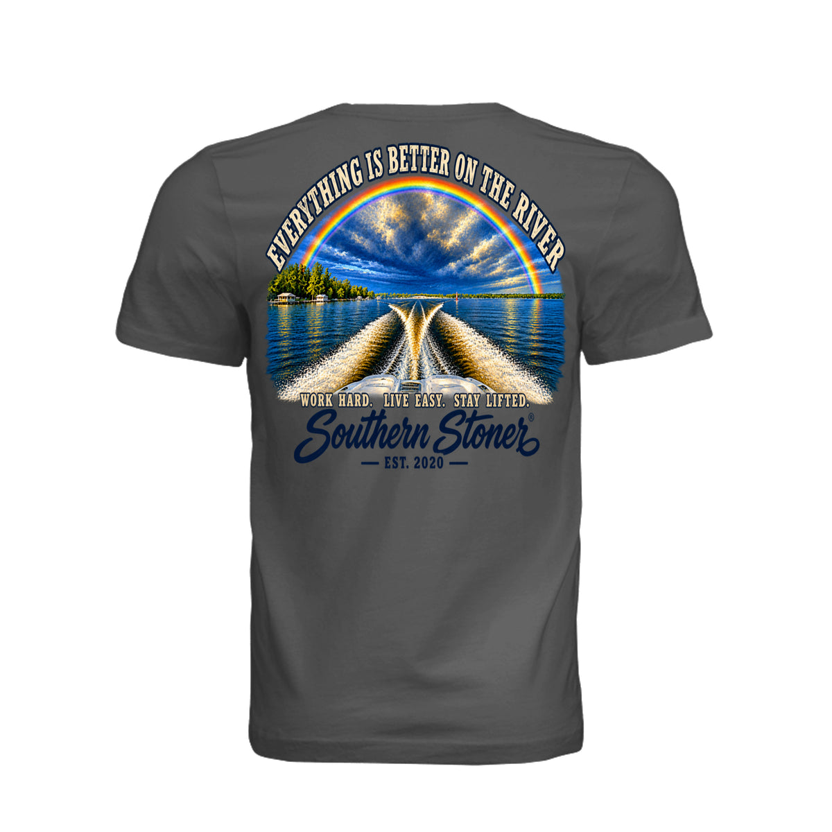 Back view of asphalt Rainbow River Graphic Tee with Southern Stoner® river artwork