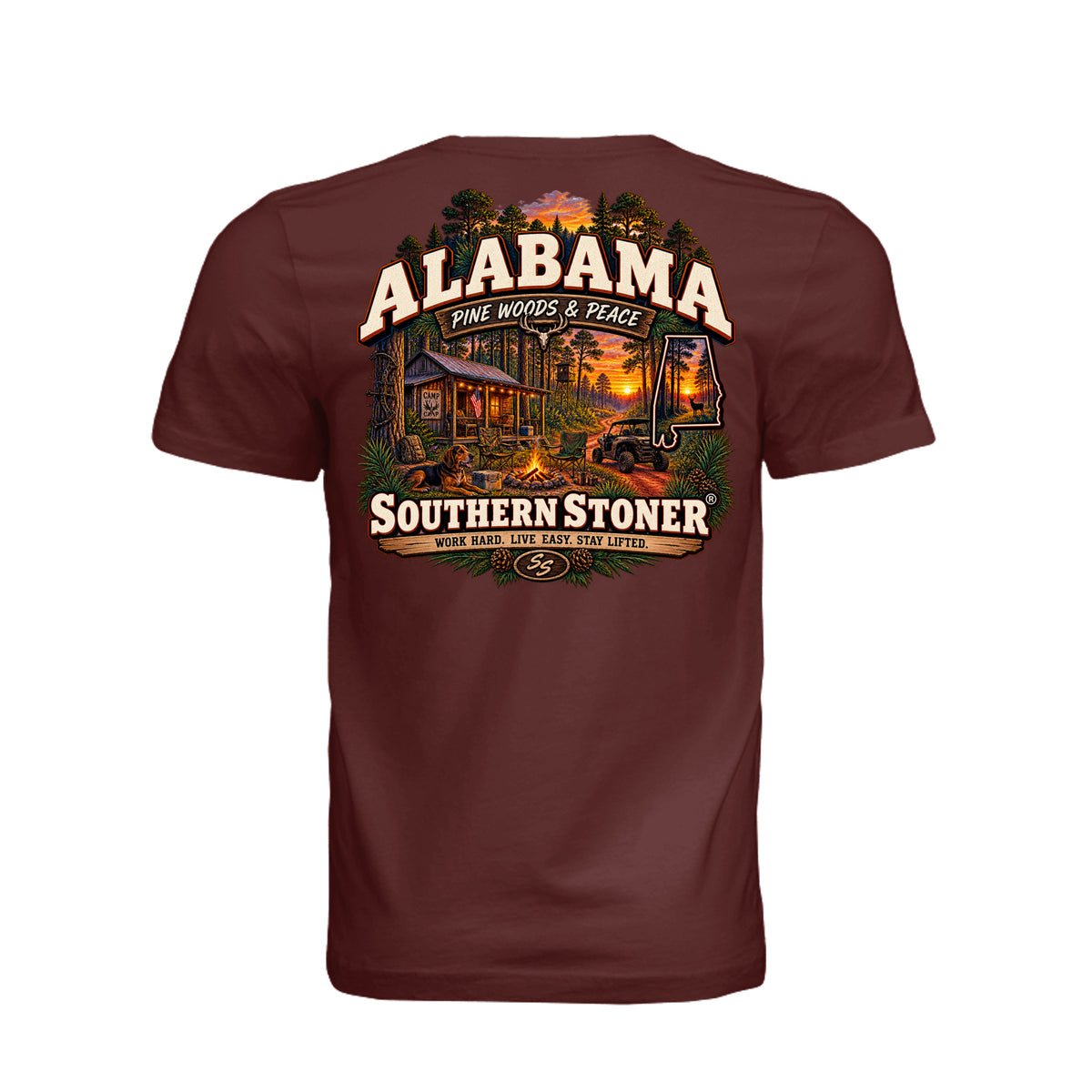 Back view of Alabama Maroon Graphic Tee with Southern Stoner® artwork