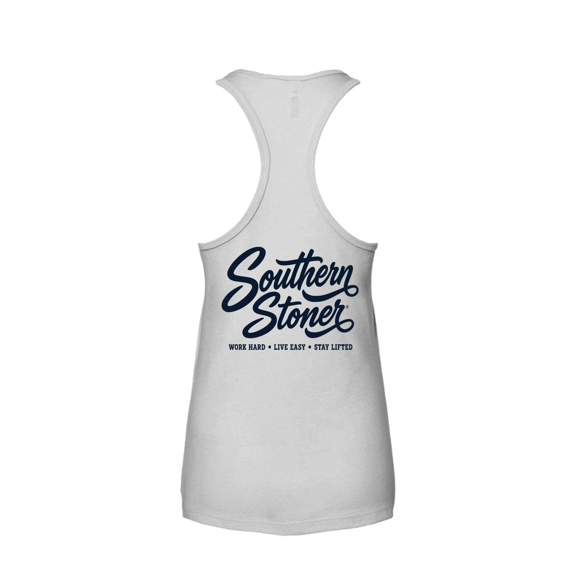 Back view of Navy Logo Women’s Racerback Tank by Southern Stoner