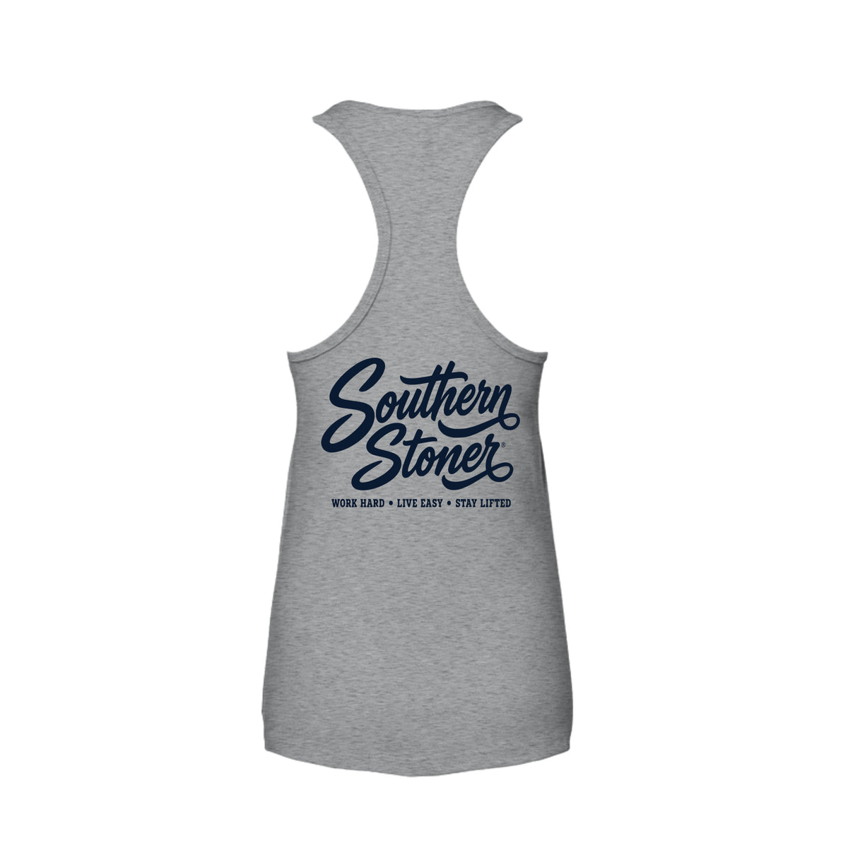 Back view of Navy Logo Women’s Racerback Tank by Southern Stoner