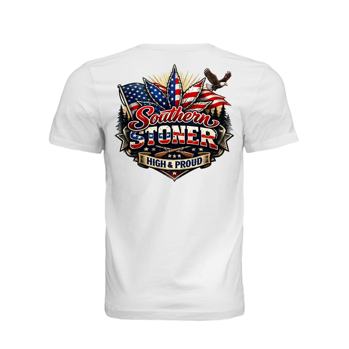 Back view of High & Proud Americana T-Shirt by Southern Stoner in white