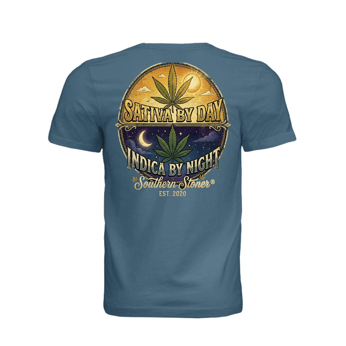 Back view of Sativa by Day Indica by Night T-Shirt by Southern Stoner in steel blue