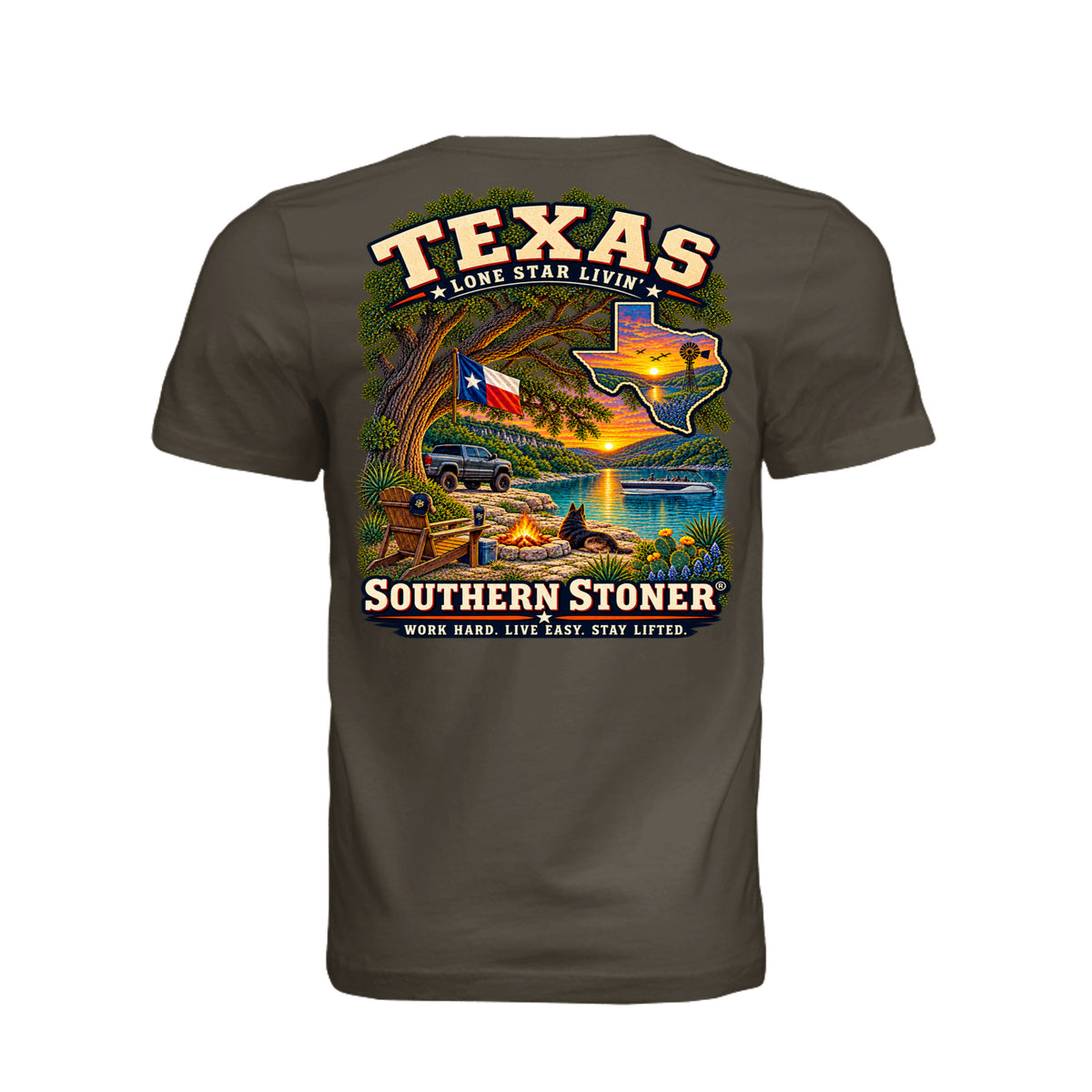 Back view of Texas State Pride T-Shirt – Army Green by Southern Stoner
