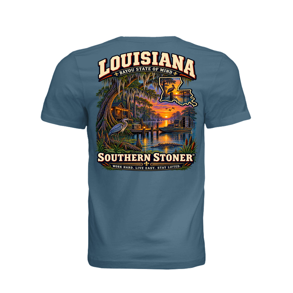 Back view of Louisiana State Pride T-Shirt – Steel Blue by Southern Stoner