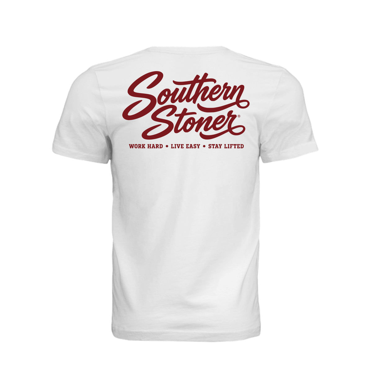 Back view of white Southern Stoner® Oxblood Wordmark Tee with full oxblood wordmark