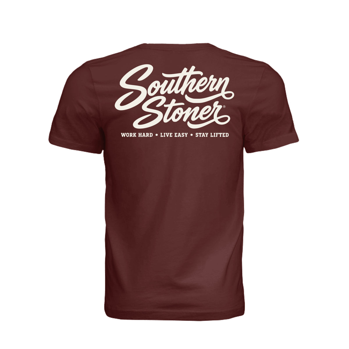Back view of Maroon & Gray Logo T-Shirt by Southern Stoner in maroon