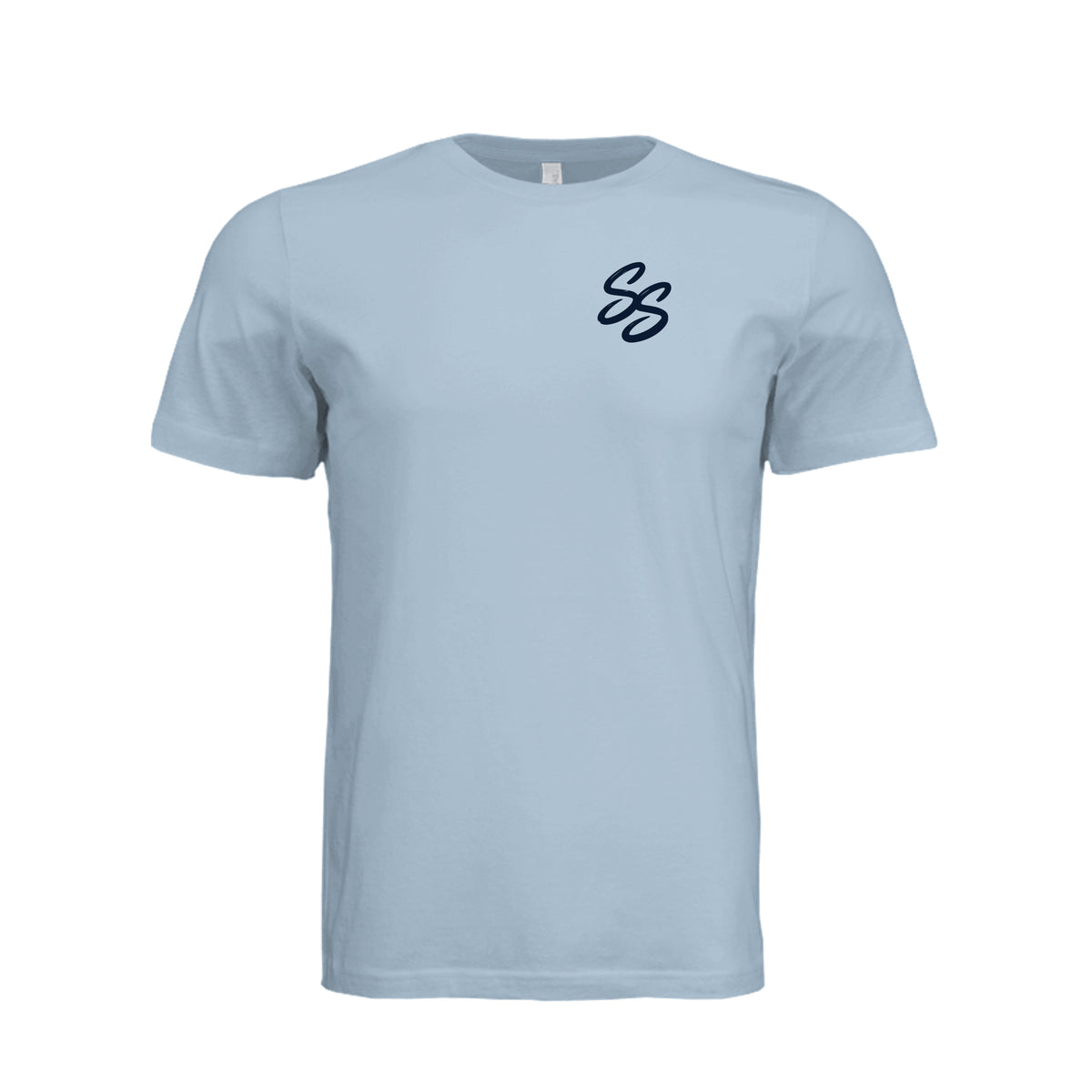 Front view of light blue Southern Stoner® Wordmark Tee with navy SS chest mark