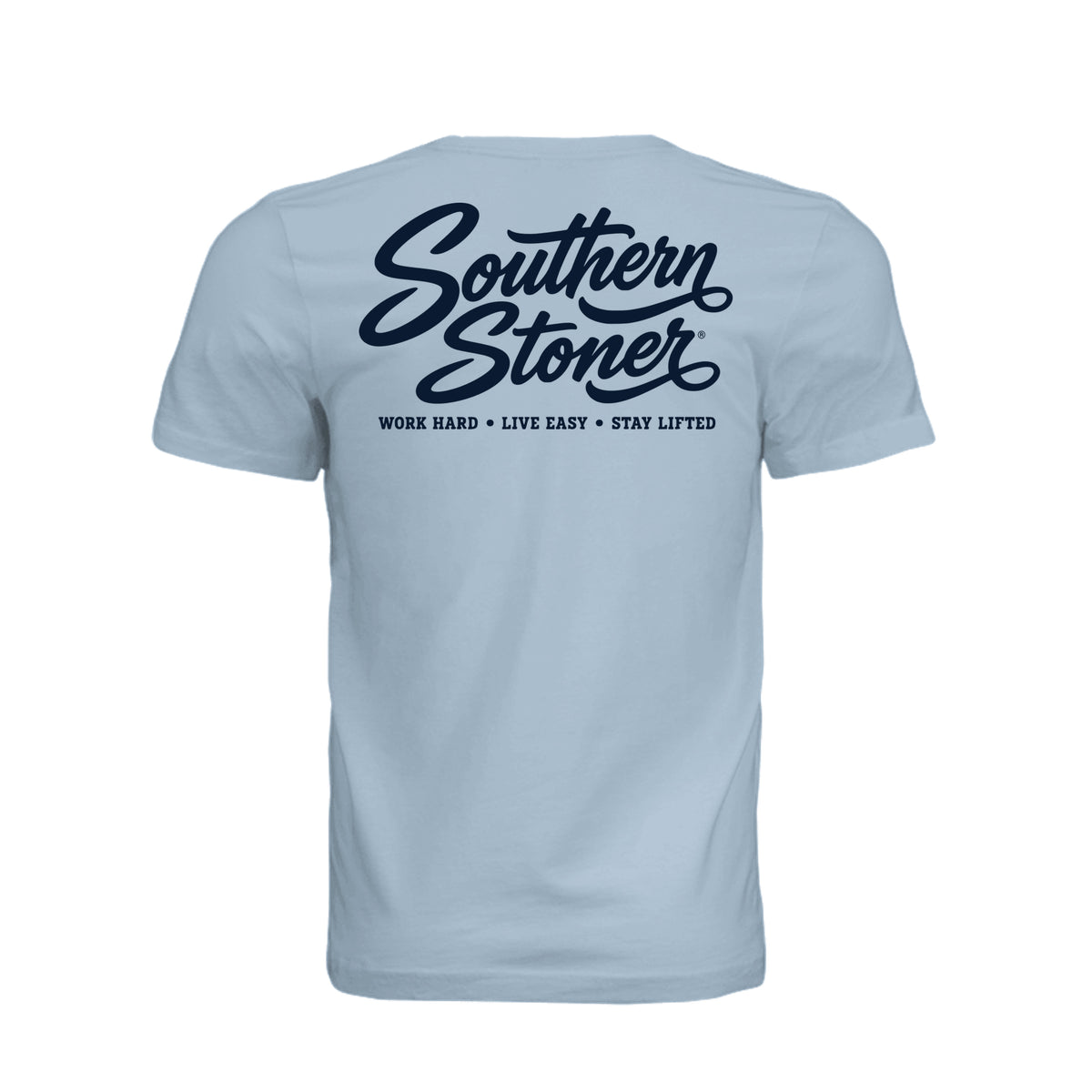 Back view of light blue Southern Stoner® Wordmark Tee with full navy wordmark